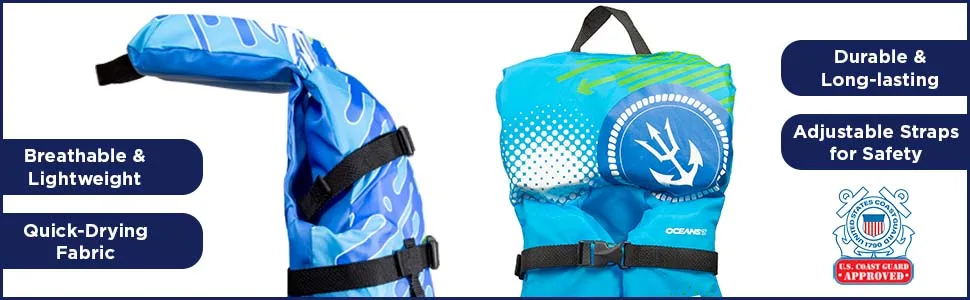 Oceans 7 US Coast Guard Approved Infant Life Jacket 8-30 lbs  Type II PFD Flex-Form Chest Personal Flotation Device, Blue/White - Features