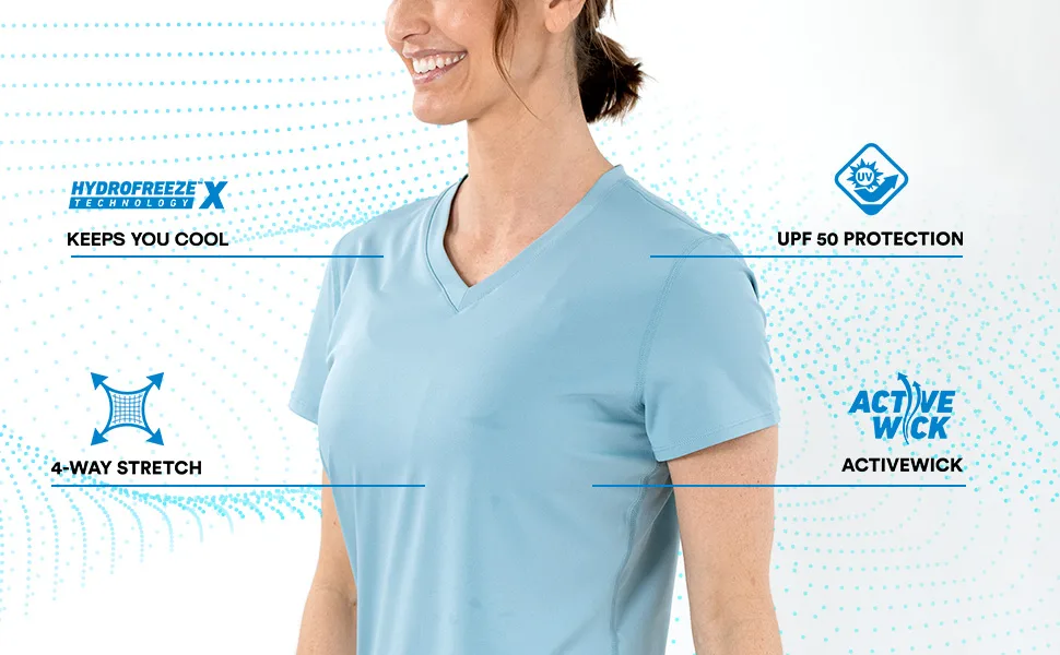 Arctic Cool Women's V-Neck Instant Cooling Moisture Wicking Performance UPF 50+ Short Sleeve Workout Shirt Polar Blue X-Large - Arctic Cool Instant Cooling Features and Benefits