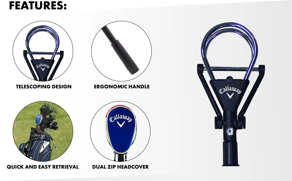 Callaway Golf Ball Retriever for Water, Telescopic with Dual-Zip Headcover 15 Feet - features
