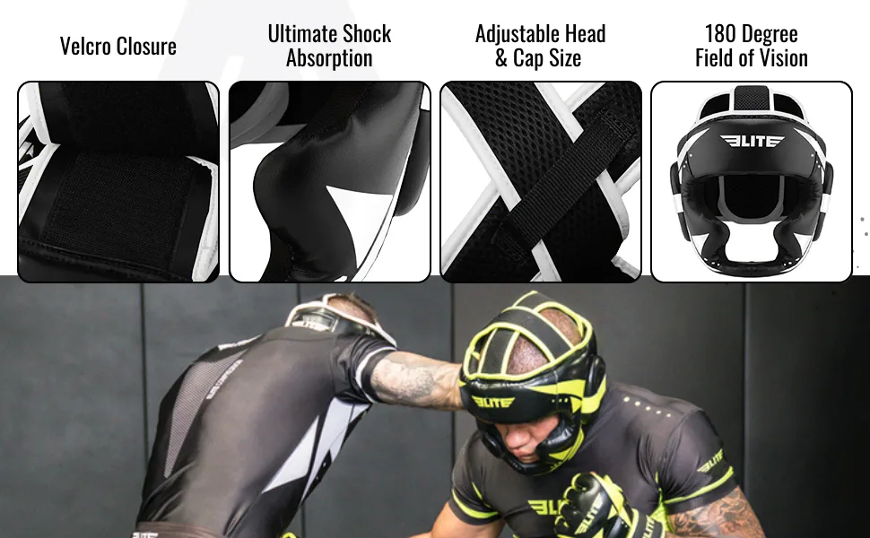 Elite Sports Boxing MMA Sparring Kickboxing Headgear for Men, Muay Thai Boxing Head Guard Black - HEAD