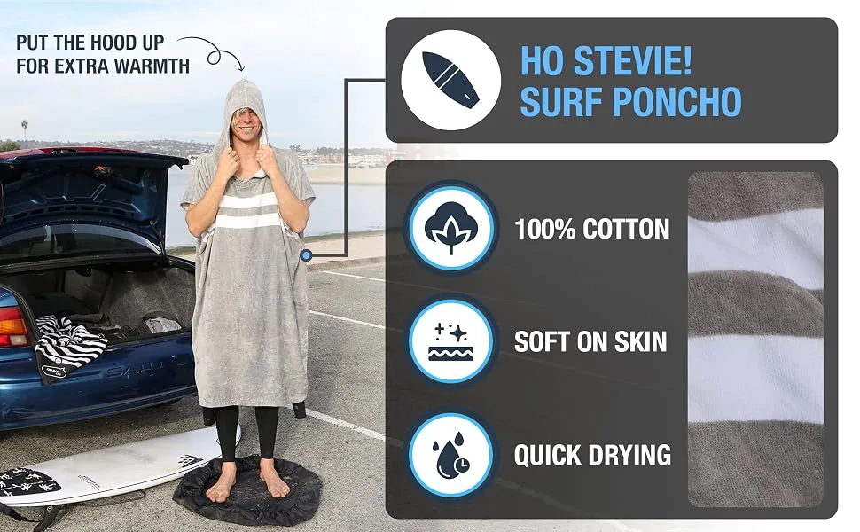 Ho Stevie! Thick Microfiber Surf Poncho (Wetsuit Changing Robe/Towel) CHOOSE COLOR Gray With White Stripes (100% Cotton) - Ho Stevie! Surf Poncho