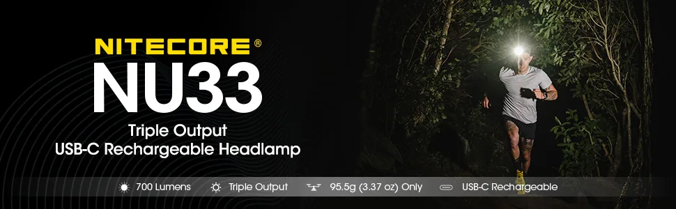 Nitecore NU33 Rechargeable Headlamp, 700 Lumen USB-C White, Red and Reading Lights, with Lumen Cable Organizer - Nitecore NU33 Headlamp banner