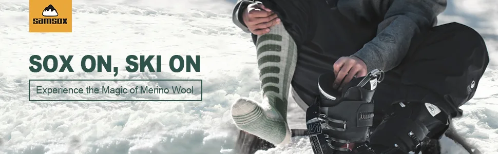 SAMSOX 2-Pair Merino Wool Ski Socks, Made in USA Over-the-Calf Skiing and Snowboarding Socks for Men & Women Small-Medium Gray/Black - ski banner