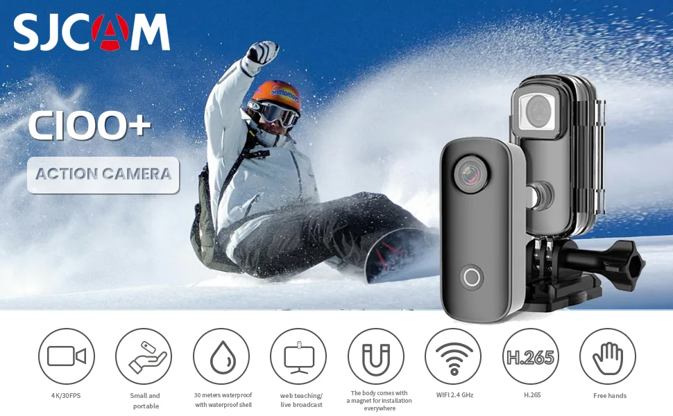 SJCAM C100+ Small Action Camera 4K30FPS WiFi Camera, APP Control, HD 15MP Image, Mini Portable Action Camera, Underwater 98ft Waterproof Camera with Helmet Mount Accessory Kits, 1 oz, 2.4*1*0.6(inch) - SJCAM sjc100+ action camera