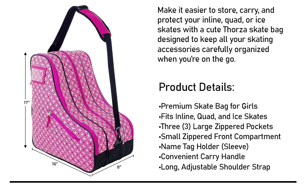 Thorza Roller Skate Bag for Girls, Pink, Stores Inline, Quad, or Ice Skates, 3 Zippered Pockets with Small Storage Compartment for Skating Accessories, Carry Handle and Shoulder Strap - Roller Skate Bag