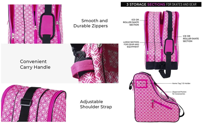 Thorza Roller Skate Bag for Girls, Pink, Stores Inline, Quad, or Ice Skates, 3 Zippered Pockets with Small Storage Compartment for Skating Accessories, Carry Handle and Shoulder Strap - Roller Skate Bag