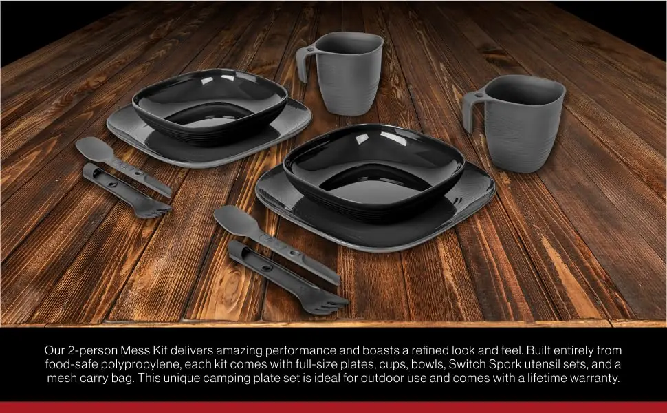 UCO 2-Person Camping Mess Kit with Bowl, Plate, Collapsible Cup, Switch Camping Spork and Mesh Bag - mess kit