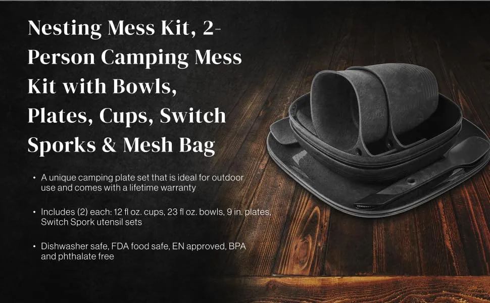 UCO 2-Person Camping Mess Kit with Bowl, Plate, Collapsible Cup, Switch Camping Spork and Mesh Bag - nesting mess kit