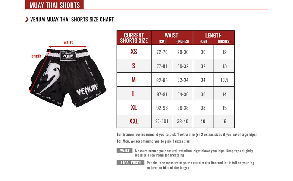 Venum Muay Thai Shorts Classic Small Black/White - Muay Thai Shorts Size Guide