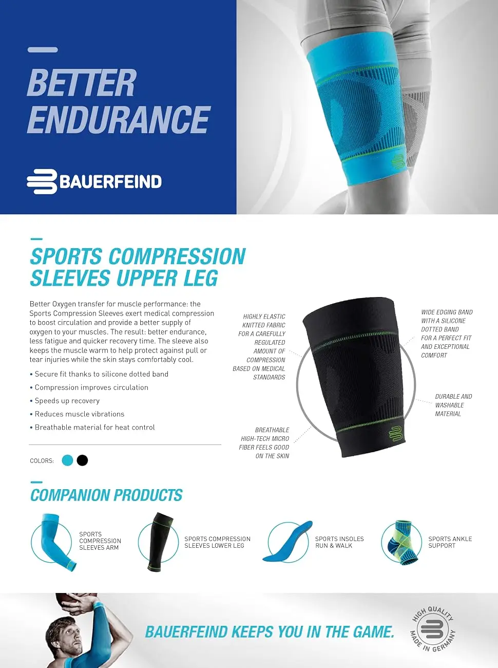Bauerfeind Sports Compression Upper Leg Sleeves (1 Pair) - Thigh & HamstringCompression for Improved Blood Circulation & Recovery - Thigh Wrap for Quad Support Navy Large/Long (1 Pair) - product information 1