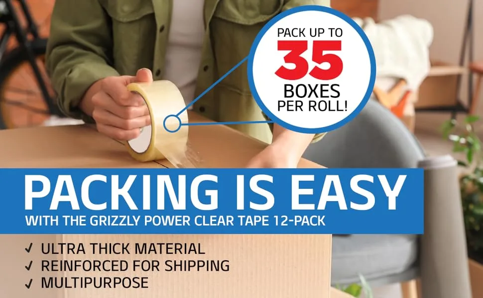Grizzly Power Clear Packing Tape Refill Rolls for Shipping, Moving, Packaging - True 2 Inch x 65 Yards, 2.8mil Thick, 12 Rolls - Grizzly Power