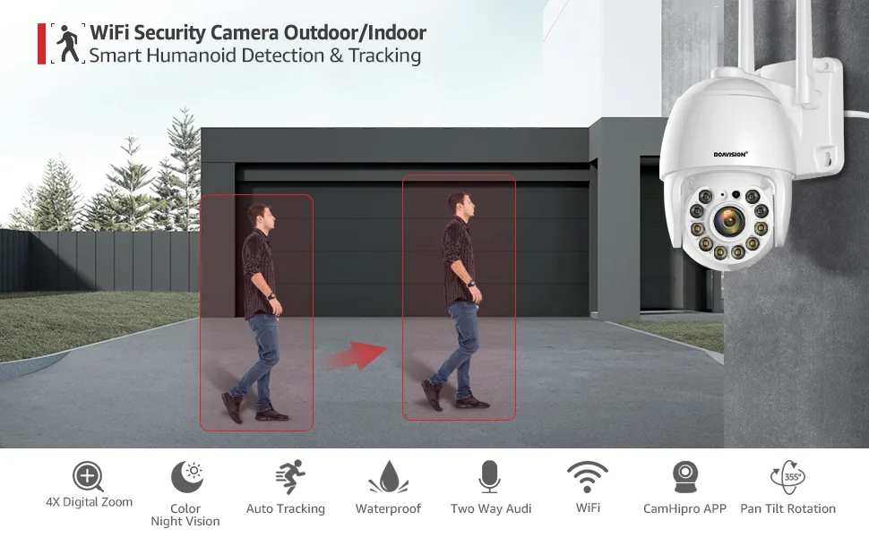 BOAVISION Security Camera Outdoor, Wireless WiFi IP Camera Home Security System 360 View,Motion Detection, auto Tracking,Two Way Talk,HD 1080P pan Tile Full Color Night Vision 1 Count (Pack of 1) - security camera for home security