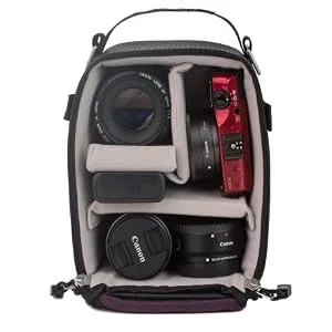 f-stop - Micro Tiny Camera Bag Insert - Padded Pack Insert for Storage and Protection of Mirrorless, DSLR, Photo Gear - Open Micro Tiny with compact digital camera and lenses