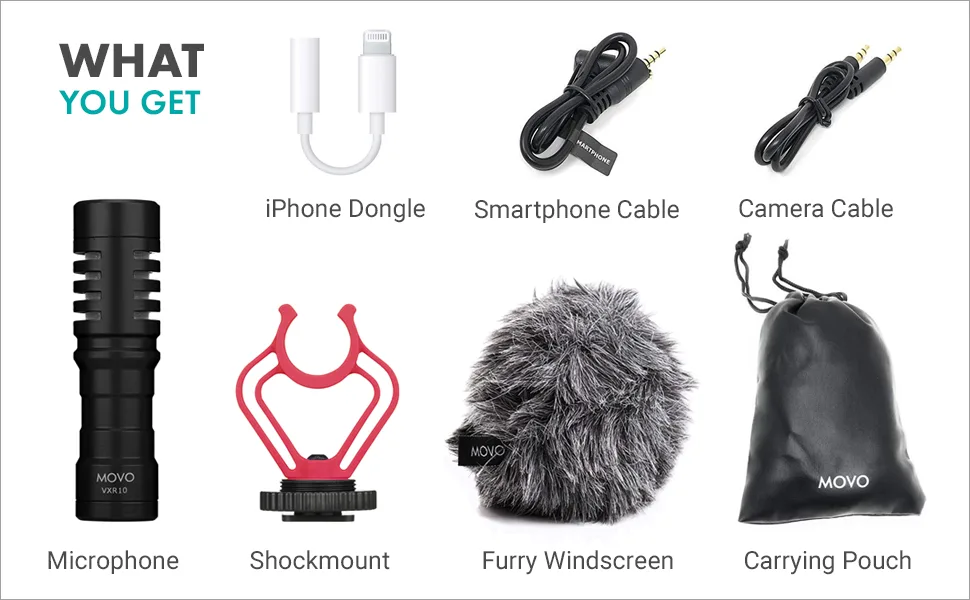Movo VXR10 Universal Video Microphone with Lightning Dongle Adapter - Includes Shock Mount, Deadcat Windscreen, Case - Compatible with iPhone 14, 13, 12, 11, XS, XR, X, Pro, Max, and More - movo