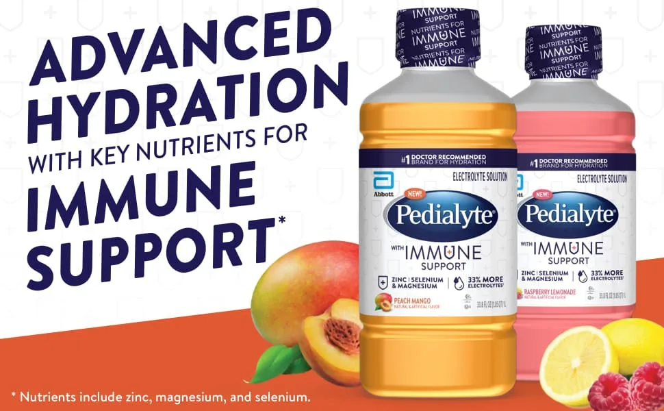 Pedialyte with Immune Support, Peach Mango, 4 Count, Electrolyte Hydration Drink, with Zinc, Selenium, and Magnesium, 1 Liter - Advanced hydration with key nutrients for Immune Support