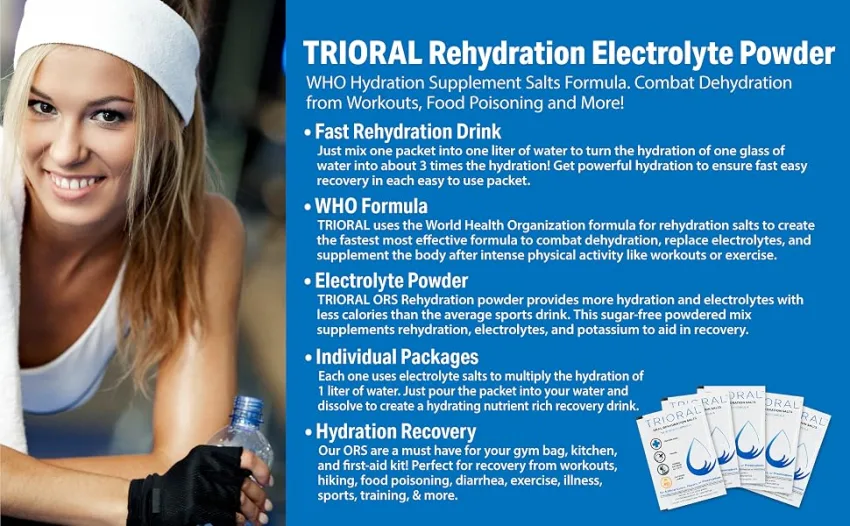 TRIORAL Rehydration Electrolyte Powder - WHO Hydration Supplement Salts Formula - Combat Dehydration from Workouts, Fluid Loss and Much More - 100 Drink Mix Packets - TRIORAL