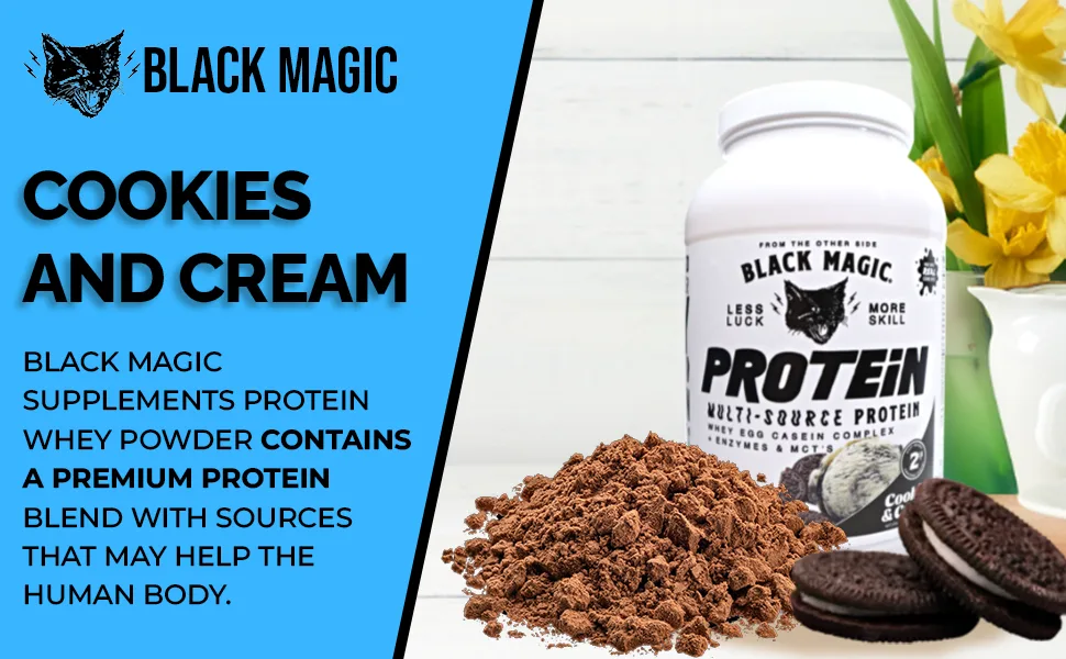 Black Magic Multi-Source Protein - Whey, Egg, and Casein Complex with Enzymes & MCT Powder - Pre Workout and Post Workout - Cookies and Cream Protein Powder - 24g Protein - 2 LB with Bonus Key Chain - MODULE 1