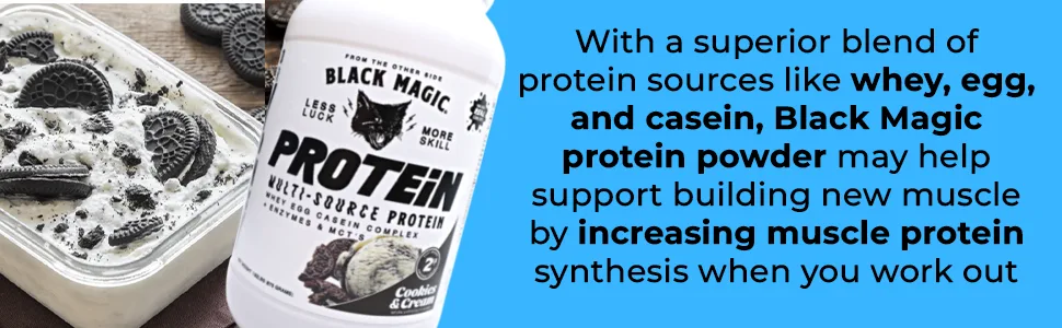 Black Magic Multi-Source Protein - Whey, Egg, and Casein Complex with Enzymes & MCT Powder - Pre Workout and Post Workout - Cookies and Cream Protein Powder - 24g Protein - 2 LB with Bonus Key Chain - MODULE 2
