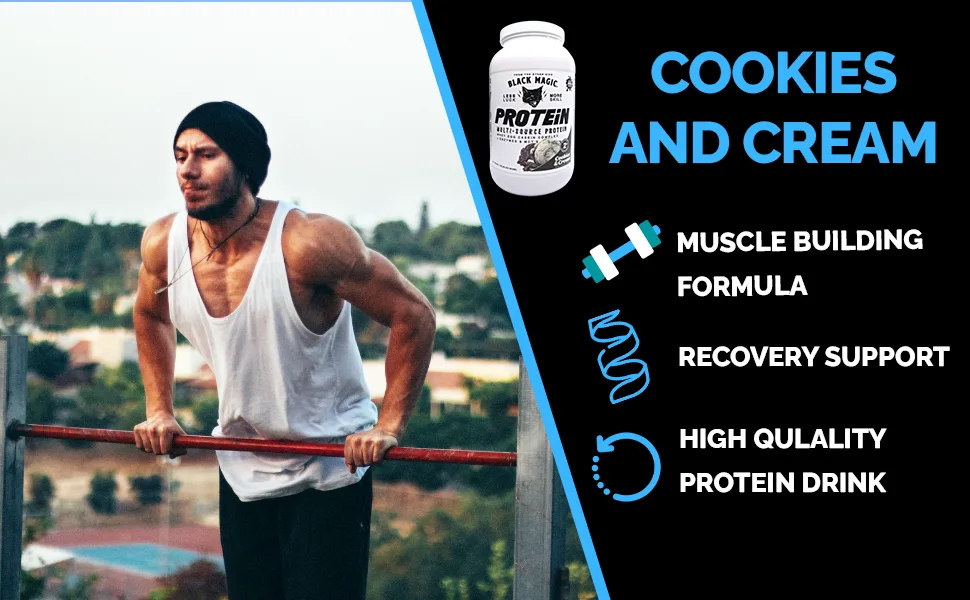 Black Magic Multi-Source Protein - Whey, Egg, and Casein Complex with Enzymes & MCT Powder - Pre Workout and Post Workout - Cookies and Cream Protein Powder - 24g Protein - 2 LB with Bonus Key Chain - MODULE 3