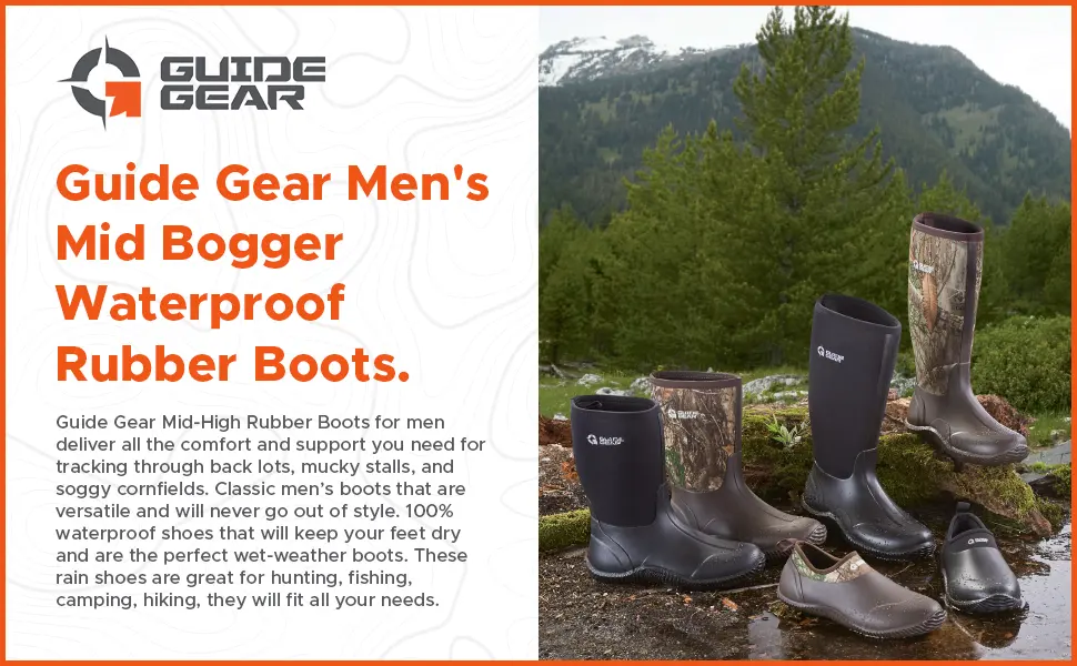 Guide Gear Men's Mid-High Bogger Waterproof Rubber Hunting Work Rain Boots 12, 5mm Neoprene Top 11 Black - Guide Gear Super Magnum