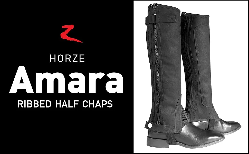 HORZE Amara Equestrian English Riding Unisex Half Chaps | Synthetic Leather Pair | Zip-Up Black Medium Wide - Horze Ribbed Amara Half Chaps