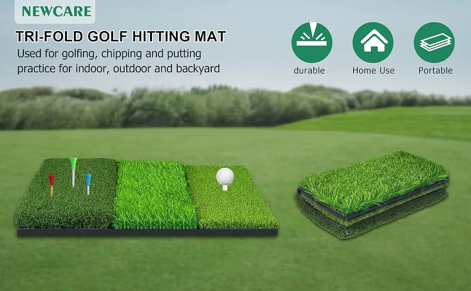 NEWCARE Golf Hitting Mat,3-in-1 Foldable Grass Mat- Practice Tri-Turf Chipping Swing Detection Aid Batting Mat Golf mat for Backyard,Portable Hitting Surfaces for Driving and Putting Golf Training Basic Tri-Turf Practice Training Mat - NEWCARE 3-in-1 Foldable Golf Hitting Mat