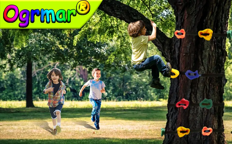 Ogrmar 15 Packs Ninja Tree Rock Climbing Holds Kits with 6 Ratchet Straps for Kids & Adults Outdoor Backyard Ninja Tree Warrior Obstacle Course Training - product information 1