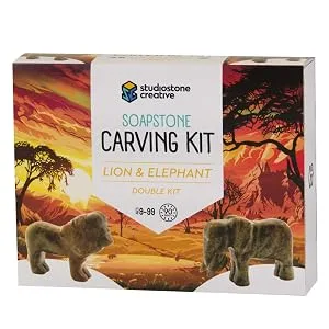 STUDIOSTONE CREATIVE Lion and Elephant Soapstone Sculpture Stone Carving DIY Arts Crafts Kit Kids Adults - Lion and elephant double soapstone carving kit craft sculpture