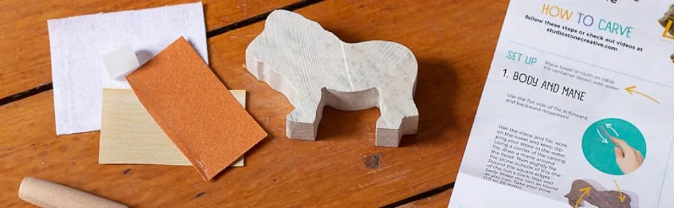 STUDIOSTONE CREATIVE Lion and Elephant Soapstone Sculpture Stone Carving DIY Arts Crafts Kit Kids Adults - Soapstone carving kit lion materials raw stone with sandpaper, wax, file, instructions