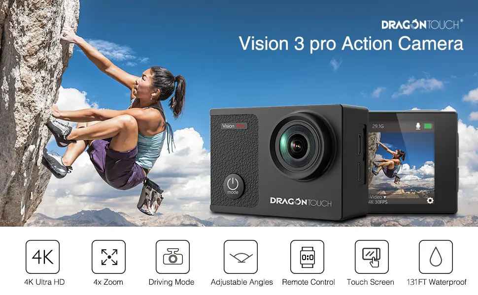 Dragon Touch 4K Underwater HD Action Camera, Vision 3 Pro Touch Screen 20MP 100FT Waterproof Video Camera Adjustable View Angle WiFi Sports Camcorder with Remote Control Helmet Accessories Black - dragon touch 4k action camera