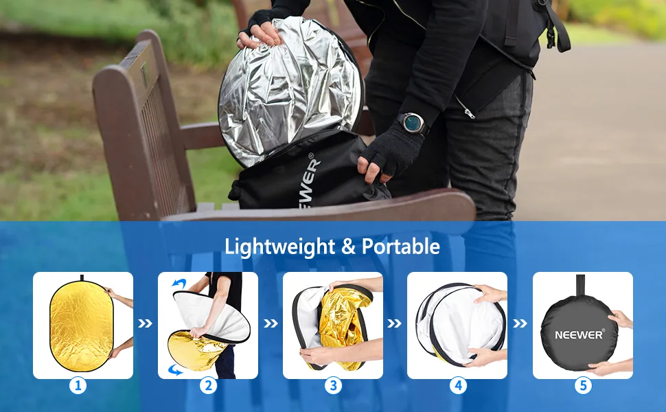 NEEWER 31"x47"/80x120cm Light Reflectors for Photography, Portable 5 in 1 Collapsible Multi Disc with Bag - Translucent, Silver, Gold, Black, White Diffuser for Studio and Outdoor Lighting - product information 9