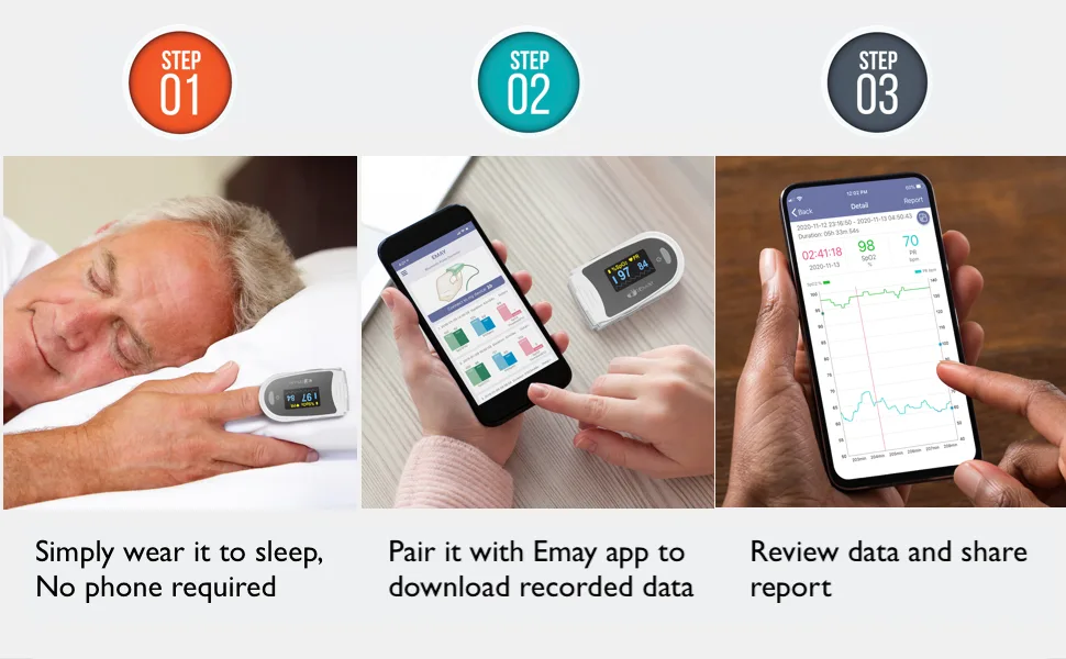 EMAY Sleep Oxygen Monitor with 40 Hours Built-in Memory | Sleep Pulse Oximeter For Overnight Oxygen Tracking | Records O2 & HR Continuously With Report & Raw Data - product information 4