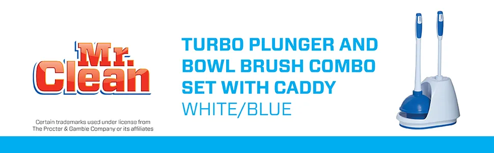 Mr. Clean Turbo Plunger and Bowl Brush Caddy Set, Toilet Brush Plunger Combo 1-Pack Blue/White - mr clean plunger