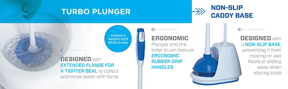 Mr. Clean Turbo Plunger and Bowl Brush Caddy Set, Toilet Brush Plunger Combo 1-Pack Blue/White - non slip caddy