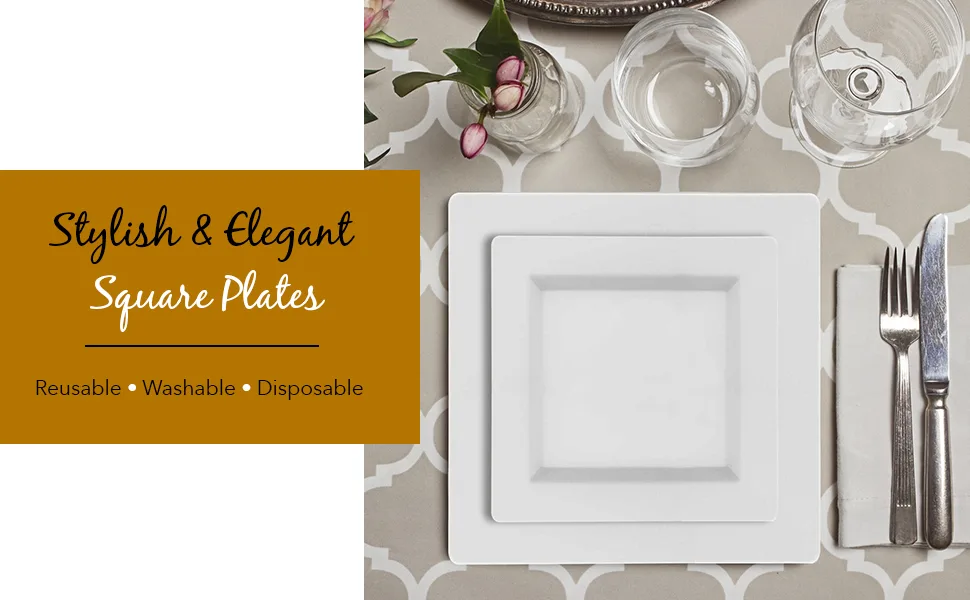 Oasis Creations White Square Plates Set 10" - 50 count - Premium Hard White Disposable Plastic - Disposable and Reusable - Salad Plate - Appetizer Plate - Dinner Plate - Party Plate Set 10Inch White - chinet clear plastic plates, clear 7 inch plastic plates bulk, clear plastic dinner plates 10 inch