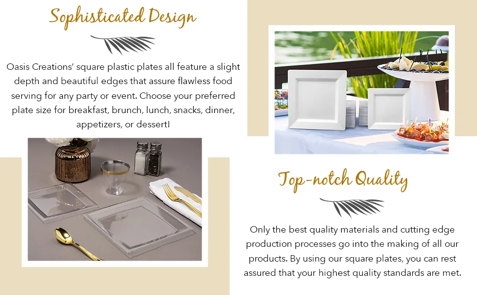 Oasis Creations White Square Plates Set 10" - 50 count - Premium Hard White Disposable Plastic - Disposable and Reusable - Salad Plate - Appetizer Plate - Dinner Plate - Party Plate Set 10Inch White - clear plastic 6 inch plates, clear square plastic dinner plates, disposable square plates