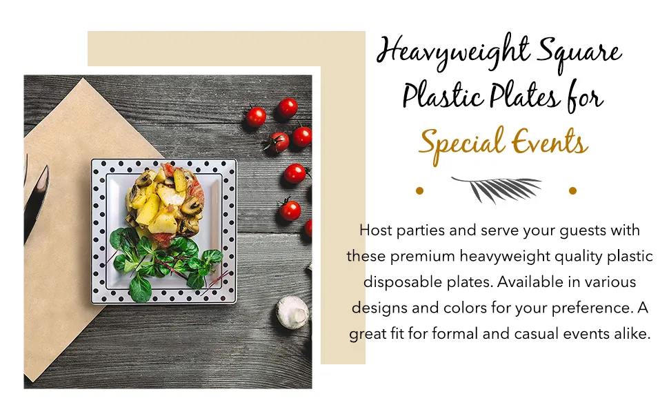 Oasis Creations White Square Plates Set 10" - 50 count - Premium Hard White Disposable Plastic - Disposable and Reusable - Salad Plate - Appetizer Plate - Dinner Plate - Party Plate Set 10Inch White - clear plastic disposable plates, clear plastic party plates, clear plastic plates small