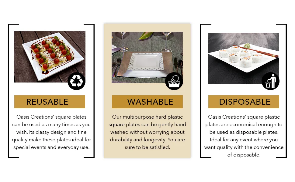 Oasis Creations White Square Plates Set 10" - 50 count - Premium Hard White Disposable Plastic - Disposable and Reusable - Salad Plate - Appetizer Plate - Dinner Plate - Party Plate Set 10Inch White - disposable square plastic plates, party plates square, clear plastic 10.25 plates