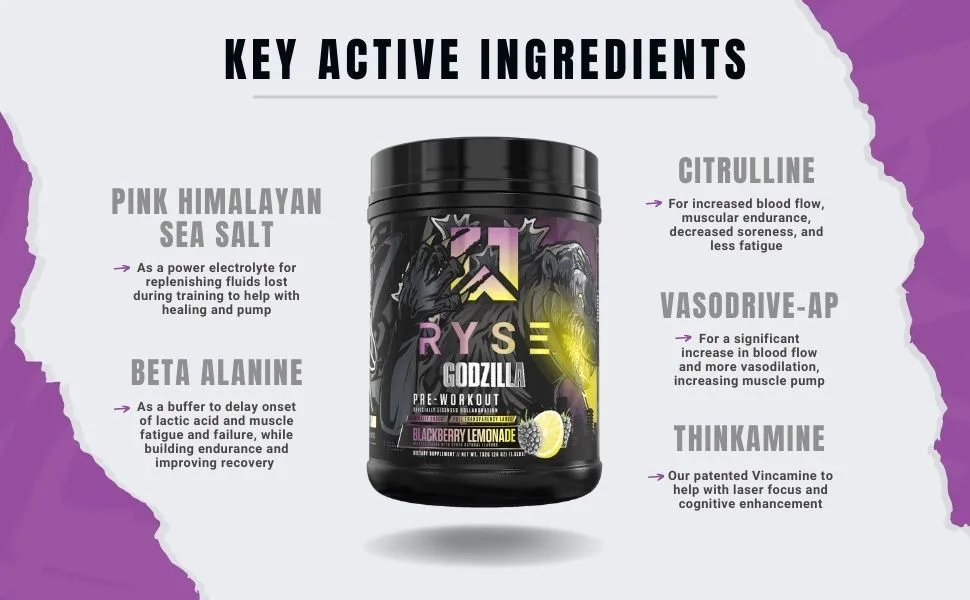Ryse Signature Series Godzilla Pre Workout | Pump, Energy, Strength, and Focus | Citrulline, Beta-Alanine, Caffeine | 40 Servings (BlackBerry Lemonade) - Ryse Godzilla Pre