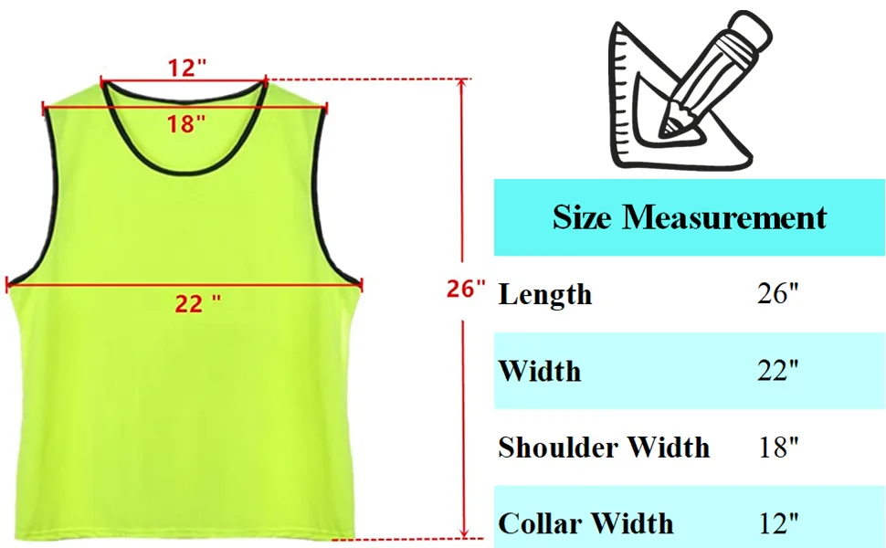 DreamHigh DH Mens Soccer Sports Team Practice Pinnies Scrimmage Training Mesh Vests -12 Pcs Pack Neon Green - size chart