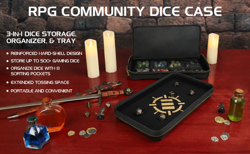 ENHANCE Tabletop Community DND Dice Case and Dice Rolling Tray - Dice Holder and Storage for up to 500 RPG Dice with Rugged Protective Design, Soft Interior, and Organizer Pockets (500 Dice Capacity) - ENHANCE RPG Community Dice Case and Tray 3-in-1 Organizer and Dice Storage