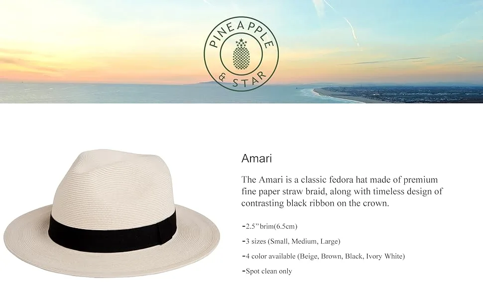 Pineapple&Star Sun Straw Fedora Beach Hat Fine Braid UPF50+ for Unisex Beige Small - Pineapple&Star Amari Sun Straw Fedora hats Packable adjustable fit great for womens mens headwear