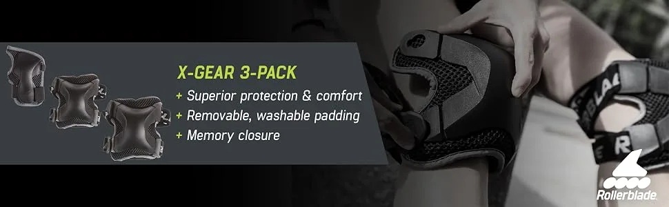 Rollerblade X Gear 3 Pack Protective Gear, Knee Pads, Elbow Pads and Wrist Guards, Inline Skating, Multi Sport Protection, Unisex, Black Medium - Protective gear, knee pads,x-gear, rollerblade pads, skate gear,wristguards, wrist protection 3-pack