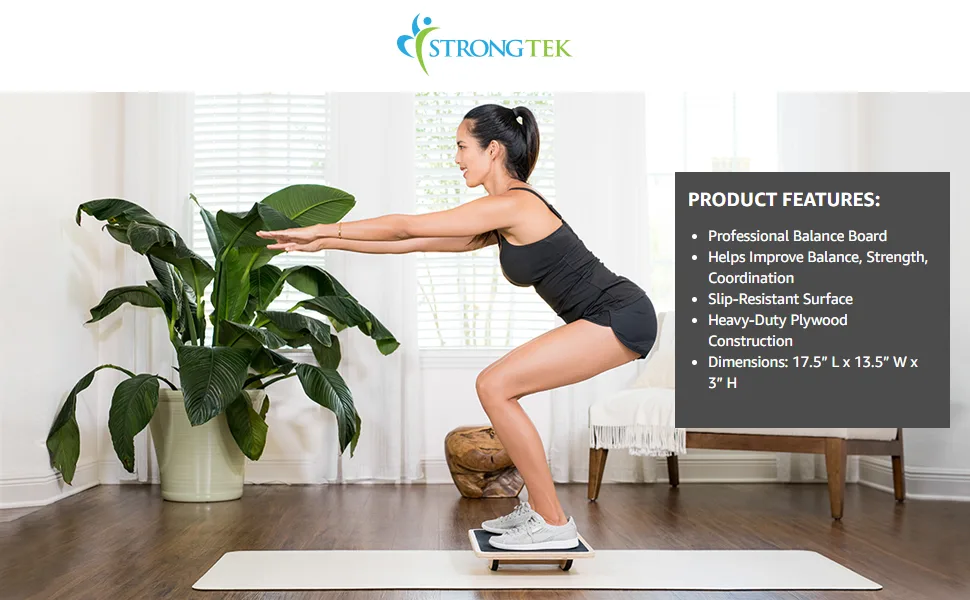 StrongTek Professional Wooden Balance Board, Rocker Board, Wood Standing Desk Accessory, Balancing Board for Under Desk, Anti Slip Roller, Core Strength, Stability, Office Wobble Boards Basic - wobble board