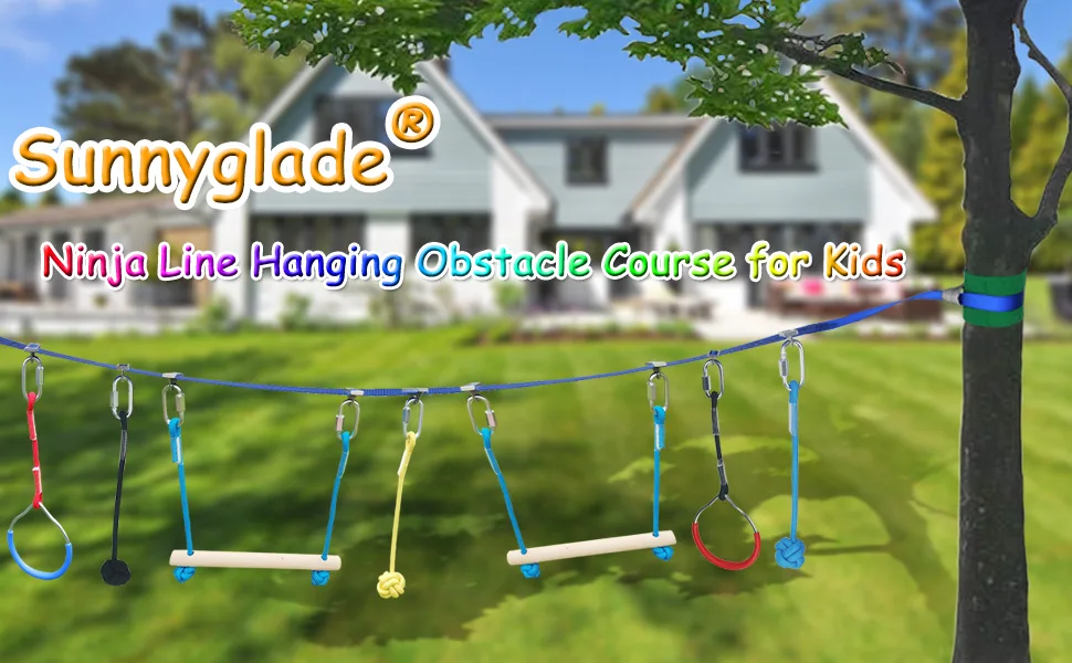 Sunnyglade 40FT Ninja Obstacle Course Kit for Kids- 40 FT Webbing, 2 Monkey Bars, 3 Fists & 2 Gym Rings, Complete Accessories Playset Equipment for Holiday - Ninja Warrior Obstacle Course