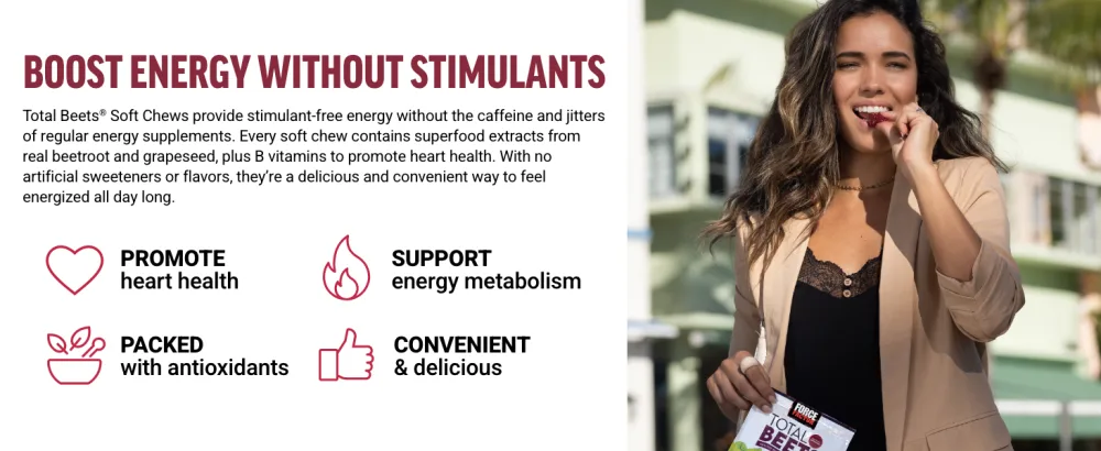 Force Factor Total Beets Soft Chews with Beetroot, Nitrates, L-Citrulline, Grapeseed Extract, & Antioxidants, Healthy Energy Supplement with Elite Ingredients for Heart, Superfood, 120 Count, 2-Pack - Boost Energy Without Stimulants