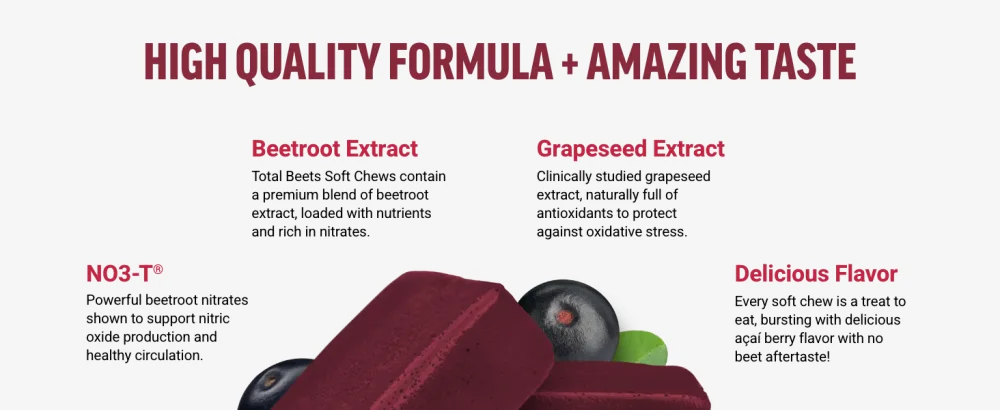Force Factor Total Beets Soft Chews with Beetroot, Nitrates, L-Citrulline, Grapeseed Extract, & Antioxidants, Healthy Energy Supplement with Elite Ingredients for Heart, Superfood, 120 Count, 2-Pack - High Quality Formula and Amazing Taste