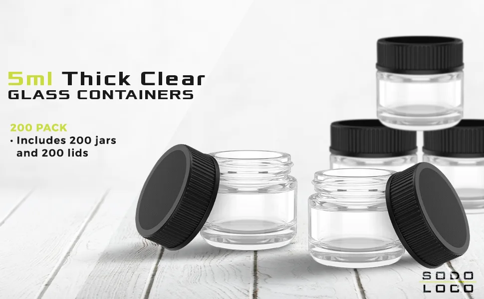 (200 Pack) 5ml Thick Glass Containers with Black Lids - Jars for Oil, Lip Balm, Wax, Cosmetics Clear Glass with Black Lid - 5ml Clear Glass Jars with Black Lids - 1