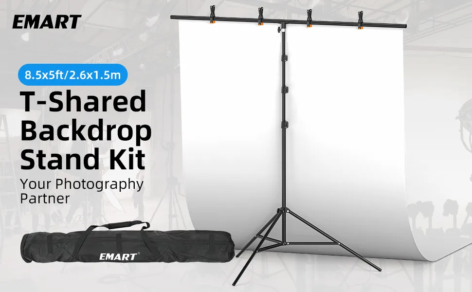 EMART T-Shape Portable Background Backdrop Support Stand Kit 5ft Wide 8.5ft Tall Adjustable Photo Backdrop Stand with 4 Spring Clamps 8.5ft Stand - T shape bakcdrop stand