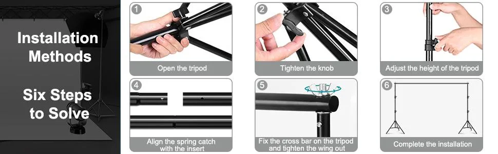 MsMk Photo Video Studio Backdrop Stand with 8 Spring & 4 Clips, 6.5ft x 10ft Adjustable Muslin Background Support System Kit with Sand Bag, Carry Bag for Photography Studio - INSTALLATION METHODS